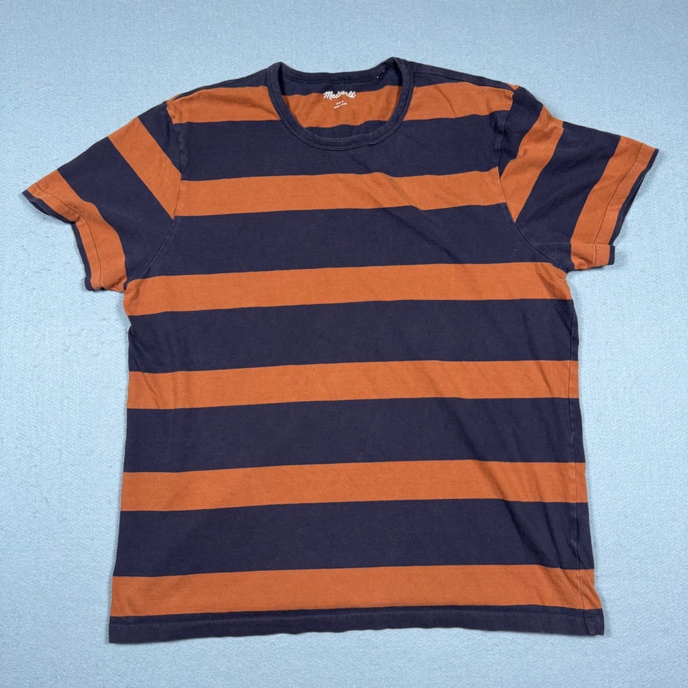 Madewell TShirt Men Large Orange Navy Blue Striped Cotton Short Sleeve Crew Neck